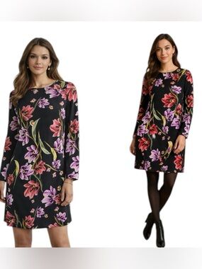 M&S Collection Black Floral Long Sleeve Shift Dress Size 12 Petite